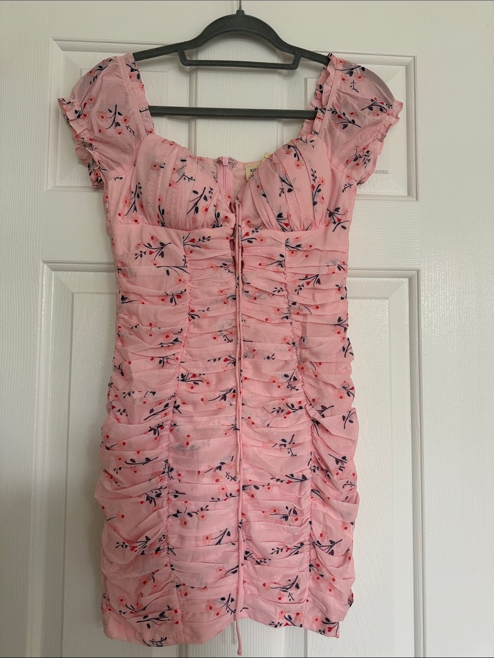 Pink Ruched Floral Mini Dress, junior size M